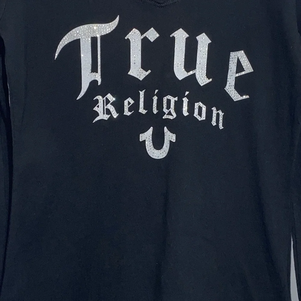 Vintage True‎ Religion Black Long Sleeve Shirt Womens Small Rhinestones Y2K